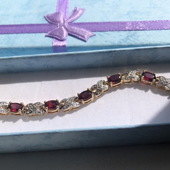 Sterling Natural Garnet Diamond Cut Crossover Vermeil Gold Tennis Bracelet - Picture 5 of 13